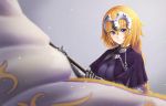 1girl bangs banner blush braid breasts chains closed_mouth corset eyebrows_visible_through_hair eyelashes fate/grand_order fate_(series) gauntlets grey_background headpiece highres holding jeanne_d&#039;arc_(fate) jeanne_d&#039;arc_(fate)_(all) light_particles long_hair looking_at_viewer medium_breasts motion_blur purple_capelet shiny shiny_hair simple_background single_braid smile solo underbust upper_body yukidaifuku 