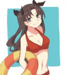  1girl belly_button bikini black_hair blue_background blue_eyes fate/stay_night fate_(series) innertube long_hair looking_at_viewer pixiv red_bikini satsuki_(pixiv_id_8336302) smug solo tohsaka_rin 