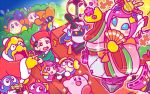  3boys 4girls adeleine backwards_hat baseball_cap black_hair blue_sclera bow bush commentary_request elline_(kirby) flower flying_sweatdrops hat hinamatsuri japanese_clothes jitome king_dedede kirby kirby_(series) lalala_(kirby) lololo_(kirby) mask meta_knight multicolored_hair multiple_boys multiple_girls nintendo official_art pink_hair red_hat red_robe robe short_hair smirror sparkle spotlight susie_(kirby) sweatdrop tate_eboshi tick_tock_jr. video_camera waddle_dee wizard_hat yellow_bow 