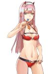  1girl :p absurdres akatsuki_suzumi bangs bikini breasts candy cleavage closed_mouth collarbone cowboy_shot darling_in_the_franxx detached_collar food gluteal_fold hairband highres holding holding_food horns lollipop long_hair looking_at_viewer medium_breasts navel red_bikini shiny shiny_hair sidelocks simple_background smile solo standing stomach straight_hair swimsuit tongue tongue_out tsurime very_long_hair white_background white_hairband zero_two_(darling_in_the_franxx) 