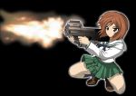  1girl bangs black_background black_legwear black_neckwear blouse brown_eyes brown_footwear brown_hair bullpup closed_mouth commentary_request eyebrows_visible_through_hair firing frown girls_und_panzer green_skirt gun gunslinger_girl holding holding_weapon loafers long_sleeves looking_to_the_side miniskirt neckerchief nishizumi_miho ooarai_school_uniform p90 parody pleated_skirt rokkaku_tenpa school_uniform serafuku shell_casing shoes short_hair simple_background skirt socks solo squatting submachine_gun weapon white_blouse 