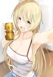  1girl :3 :d arm_up armpits bangs bare_shoulders beer_can belt belt_buckle blonde_hair blue_eyes blurry blurry_background blush breasts buckle camisole can cleavage collarbone commentary_request covered_navel depth_of_field eyebrows_visible_through_hair foreshortening holding indoors jewelry kiriyama_nao large_breasts long_hair meth_(emethmeth) necklace open_mouth outstretched_arm pendant self_shot shiny shiny_skin sleeveless smile soda_can solo straight_hair takunomi. upper_body v-shaped_eyebrows very_long_hair water_drop yebisu 