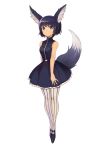  1girl animal_ears arms_at_sides bare_shoulders black_dress black_hair blush closed_mouth commission dress eyebrows_visible_through_hair fox_ears fox_tail full_body highres looking_at_viewer original pantyhose simple_background sleeveless sleeveless_dress solo sookmo striped striped_legwear tail vertical-striped_legwear vertical_stripes white_background white_legwear 