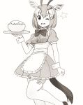  1girl :d alternate_costume animal_ears apron blush bow bowtie breasts enmaided eyebrows_visible_through_hair gazelle_ears gazelle_horns gazelle_tail greyscale horns kemono_friends looking_at_viewer maid medium_breasts monochrome multicolored_hair one_eye_closed open_mouth pleated_skirt shoes short_hair simple_background skirt smile solo standing standing_on_one_leg star tail thigh-highs thomson&#039;s_gazelle_(kemono_friends) totokichi tray waist_apron white_background wrist_cuffs 