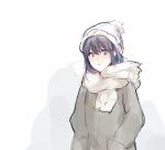  :i bangs beanie blue_eyes blue_hair blush breath cold eyebrows_visible_through_hair green_jacket hair_between_eyes hands_in_pockets hat jacket napata original scarf simple_background sketch white_background 