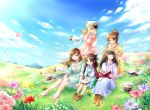  5girls aiba_yumi black_hair blonde_hair blue_eyes blue_sky book boots bow brown_eyes brown_footwear brown_hair clouds commentary_request day dress earrings epaulettes field flower frilled_dress frills grass hair_bow hair_bun hair_flower hair_ornament hairband half_updo hat hat_removed head_wreath headwear_removed holding holding_book idolmaster idolmaster_cinderella_girls idolmaster_cinderella_girls_starlight_stage jacket jacket_on_shoulders jewelry long_hair long_skirt long_sleeves looking_at_another meadow multiple_girls necklace nitta_minami one_eye_closed open_mouth outdoors peaked_cap pendant petals plaid_shawl purple_bow sagisawa_fumika seizon_honnou_valkyria shawl short_hair sidelocks sitting skirt sky smile sunlight sweater tachibana_arisu takamori_aiko twitter_username uniform vesta_(delaurant02) 