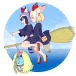  2girls :d ^_^ alternate_costume ancolatte_(onikuanco) animal_ears black_hair black_robe blonde_hair bow broom broom_riding brown_eyes cage closed_eyes commentary common_raccoon_(kemono_friends) cosplay extra_ears fennec_(kemono_friends) flying food fox_ears gloves grey_gloves hair_bow hairband highres hug hug_from_behind kemono_friends kiki kiki_(cosplay) lucky_beast_(kemono_friends) majo_no_takkyuubin multicolored_hair multiple_girls open_mouth pointing raccoon_ears raccoon_tail red_footwear short_hair smile striped_tail tail white_hair 