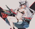  1girl azur_lane bangs bikini black_bikini black_choker black_ribbon breasts choker collarbone cross cross_earrings earrings eating feet_out_of_frame flag_print food german_flag_bikini hair_ribbon highres holding holding_food innertube iron_cross jewelry large_breasts long_hair looking_at_viewer machinery multicolored_hair navel orange_eyes popsicle prinz_eugen_(azur_lane) redhead ribbon saimon_ma side-tie_bikini silver_hair sitting solo stomach streaked_hair swept_bangs swimsuit thigh_strap transparent tsurime turret two_side_up under_boob very_long_hair 