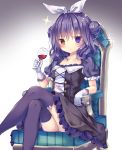  1girl alcohol armchair bangs black_dress black_legwear blue_hair blush bow breasts brown_eyes chair closed_mouth collarbone cup double_bun dress drinking_glass eyebrows_visible_through_hair frilled_dress frills gloves hair_between_eyes hair_ribbon heterochromia highres holding holding_drinking_glass legs_crossed looking_at_viewer original puffy_short_sleeves puffy_sleeves ribbon short_sleeves side_bun simple_background sitting small_breasts solo sparkle thigh-highs tsuruse violet_eyes white_background white_bow white_gloves white_ribbon wine wine_glass 