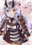  1girl blush breasts cherry_blossoms fate/grand_order fate_(series) female flower fou_(ssqseeker) hair_between_eyes hair_ribbon highres holding holding_weapon horns looking_at_viewer pink_flower red_eyes ribbon smile solo sword tomoe_gozen_(fate/grand_order) weapon white_hair 