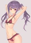  1girl alice_gear_aegis arched_back armpits arms_up asymmetrical_hair bangs bikini blush closed_mouth collarbone cowboy_shot flat_chest grey_background groin highres ichijou_ayaka long_hair looking_at_viewer musical_note navel purple_bikini purple_hair quaver side_ponytail sidelocks sigm@ simple_background smile solo swimsuit tsurime violet_eyes 