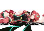 1girl absurdres blackseem blush breasts earrings fingerless_gloves gloves hair_ornament highres pyra_(xenoblade) jewelry large_breasts looking_at_viewer red_eyes redhead short_hair shorts sidelocks simple_background smile solo tiara white_background xenoblade xenoblade_2 