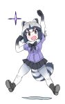  1girl animal_ears bow bowtie breast_pocket clenched_hand common_raccoon_(kemono_friends) eyebrows_visible_through_hair gloves hand_up highres jumping kemono_friends multicolored_hair open_mouth pantyhose pleated_skirt pocket puffy_short_sleeves puffy_sleeves raccoon_ears raccoon_tail short_hair short_sleeves skirt solo star tail white_background zk_(zk_gundan) 