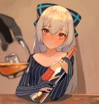  1girl :o alcohol bangs blush bottle bow collarbone commentary cup drunk eyebrows_visible_through_hair girls_frontline gloves hair_between_eyes hair_bow head_tilt holding holding_bottle holding_cup ice ice_cube jewelry juz long_hair long_sleeves looking_at_viewer partly_fingerless_gloves red_eyes ring shirt solo_focus striped table tearing_up tears tokarev_(girls_frontline) upper_body vertical_stripes wedding_band white_hair 