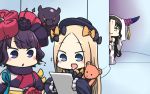  abigail_williams_(fate/grand_order) aura chibi commentary dark_aura facial_mark fate/grand_order fate_(series) forehead_mark hair_ornament hamu_koutarou hat highres holding holding_paper horns japanese_clothes katsushika_hokusai_(fate/grand_order) long_hair multiple_girls open_mouth paper peeking_out sesshouin_kiara stuffed_animal stuffed_toy sweater teddy_bear 