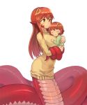  2girls breasts carrying commission eyebrows_visible_through_hair hair_ornament hairclip highres jewelry lamia large_breasts long_hair miia_(monster_musume) monster_girl monster_musume_no_iru_nichijou mother_and_daughter multiple_girls pointy_ears redhead ring scales short_hair simple_background sleeping smile sookmo sweater wedding_band white_background yellow_sweater 