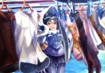  1girl :d animal_ears black_gloves black_hair black_skirt blue_sky blurry bow bowtie clothes_hanger clothes_pin common_raccoon_(kemono_friends) day depth_of_field fur_collar gloves grey_hair holding holding_towel kemono_friends laundry laundry_pole looking_at_viewer miniskirt multicolored_hair noah_(noxxxmo) open_mouth outdoors panties pink_sweater pleated_skirt print_legwear raccoon_ears raccoon_tail serval_print skirt sky smile solo sweater tail towel underwear white_hair 