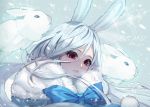  1girl animal_ears blue_bow blush bow hwayoung long_hair looking_away mole mole_under_eye original parted_lips rabbit rabbit_ears red_eyes ribbon snow solo teeth twintails twitter_username upper_body white_hair 
