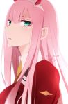  1girl bangs blush closed_mouth commentary_request copyright_name darling_in_the_franxx dated green_eyes hair_between_eyes horns jacket long_hair looking_at_viewer looking_to_the_side pink_hair red_jacket signature simple_background solo tsukimori_usako very_long_hair white_background yellow_neckwear zero_two_(darling_in_the_franxx) 