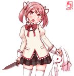  1girl black_skirt combat_knife commentary cosplay cowboy_shot dated highres kaname_madoka kaname_madoka_(cosplay) kanon_(kurogane_knights) kantai_collection knife kyubey logo look-alike looking_at_viewer mahou_shoujo_madoka_magica open_mouth pink_eyes pink_hair plaid plaid_skirt sazanami_(kantai_collection) school_uniform short_hair simple_background skirt solo thigh-highs twintails weapon white_background white_legwear 