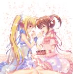  2girls armlet artist_name babydoll blonde_hair bloomers brown_hair chemise chocolate choker commentary_request eyebrows_visible_through_hair facing_another fate_testarossa feeding frills from_side fundoshi_inao heart long_hair looking_at_another lyrical_nanoha mahou_shoujo_lyrical_nanoha multiple_girls open_mouth parted_lips petals red_eyes ribbon scrunchie see-through short_twintails sidelocks signature sitting smile takamachi_nanoha twintails underwear wariza wristband yuri 