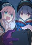  2girls :d absurdres artist_name bangs beanie blue_eyes blue_hat blue_scarf blush bobblehat cellphone cellphone_camera closed_mouth expressionless eyebrows_visible_through_hair gloves hair_between_eyes hat highres kagamihara_nadeshiko long_hair long_sleeves looking_at_phone multiple_girls night night_sky open_mouth outdoors phone pink_eyes pink_hair purple_gloves scarf shima_rin signature sky smartphone smile star_(sky) starry_sky striped_hat swept_bangs tareme tranquil-lizer upper_body white_scarf yurucamp 