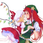  2girls bacho blonde_hair bloomers blue_bow blush bow braid colored_eyelashes commentary_request fan flandre_scarlet gradient_hair green_eyes green_hat hair_bow half-closed_eyes hand_holding hat hat_ribbon highres hong_meiling interlocked_fingers multicolored_hair multiple_girls orange_hair red_eyes red_ribbon red_skirt ribbon simple_background skirt skirt_set star tongue tongue_out touhou underwear vest white_background white_hat wings wristband yuri 