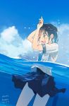  1girl :d ^_^ ^o^ arms_up artist_request black_hair black_skirt black_swimsuit blue_neckwear blue_sky blush breasts closed_eyes clouds commentary_request copyright_request dated day dutch_angle kusakabe_(kusakabeworks) long_hair medium_breasts necktie open_mouth partially_submerged partially_underwater_shot pool round_teeth school_uniform see-through shirt short_sleeves side_ponytail signature skirt sky smile solo splashing swimsuit swimsuit_under_clothes teeth thighs water water_drop wet wet_clothes wet_shirt white_shirt 