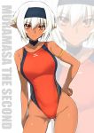  1girl absurdres armlet breasts choker closed_mouth competition_swimsuit contrapposto cowboy_shot dark_elf dark_skin elf eyebrows_visible_through_hair gluteal_fold hair_between_eyes hairband hand_on_hip harukon_(halcon) highres large_breasts light_smile nisei_muramasa one-piece_swimsuit orange_eyes orange_swimsuit pointy_ears solo soukou_akki_muramasa swimsuit white_hair zoom_layer 
