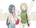  2girls alternate_costume alternate_hair_length alternate_hairstyle armpits bag bespectacled black_hair blonde_hair bracelet breasts building casual cleavage closed_eyes facial_mark facing_viewer fate/grand_order fate_(series) glasses green_eyes green_shirt illuso_illuso jewelry long_hair looking_at_another low-tied_long_hair multiple_girls quetzalcoatl_(fate/grand_order) scheherazade_(fate/grand_order) semi-rimless_eyewear shirt short_hair short_sleeves shoulder_bag sidelocks sleeveless sleeveless_shirt under-rim_eyewear very_long_hair waving 