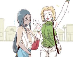  2girls alternate_costume alternate_hair_length alternate_hairstyle armpits bag bespectacled black_hair blonde_hair bracelet breasts building casual cleavage closed_eyes facial_mark facing_viewer fate/grand_order fate_(series) glasses green_eyes green_shirt illuso_illuso jewelry long_hair looking_at_another low-tied_long_hair multiple_girls quetzalcoatl_(fate/grand_order) scheherazade_(fate/grand_order) semi-rimless_eyewear shirt short_hair short_sleeves shoulder_bag sidelocks sleeveless sleeveless_shirt under-rim_eyewear very_long_hair waving 