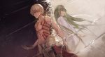  2boys absurdres armor back-to-back blonde_hair bodypaint chains commentary_request enkidu_(fate/strange_fake) fate/grand_order fate_(series) gilgamesh green_eyes green_hair hand_up highres jewelry long_hair multiple_boys necklace red_eyes shirtless thkani white_robe 
