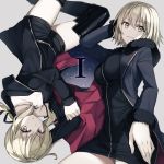  2girls absurdres artoria_pendragon_(all) bangs black_camisole black_dress black_footwear black_jacket black_legwear black_shorts blonde_hair boots breasts brown_eyes camisole collarbone commentary_request dress eyebrows_visible_through_hair fate/apocrypha fate/grand_order fate/stay_night fate_(series) fumio_(kanmi) fur-trimmed_jacket fur-trimmed_sleeves fur_trim hair_between_eyes hand_behind_head highres jacket jeanne_d&#039;arc_(alter)_(fate) jeanne_d&#039;arc_(fate)_(all) jewelry large_breasts long_hair long_sleeves looking_at_viewer low_twintails medium_breasts multiple_girls necklace parted_lips saber_alter short_shorts shorts smile strap_slip thigh-highs thigh_boots twintails upside-down wicked_dragon_witch_ver._shinjuku_1999 