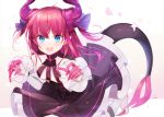  1girl artist_name bending_forward black_skirt blue_eyes blush breasts cherry_blossoms elizabeth_bathory_(fate) elizabeth_bathory_(fate)_(all) eyebrows_visible_through_hair fangs fate_(series) horns ion_(on01e) looking_at_viewer open_mouth pink_hair pointy_ears signature skirt small_breasts smile solo tail 