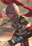  1girl asymmetrical_hair blue_eyes cape clenched_teeth elbow_gloves final_fantasy final_fantasy_xiii fingerless_gloves gloves gunblade highres lightning_farron looking_at_viewer petals pink_hair raikoart rose_petals shoulder_pads skirt solo strap sword teeth weapon 