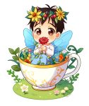  1boy black_hair brown_eyes child cup fairy_wings flower head_wreath in_container in_cup katsuki_yuuri male_focus plant sitting teacup twc_(p-towaco) twitter_username vines wings younger yuri!!!_on_ice 