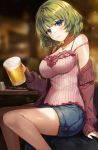  1girl alcohol arm_at_side backlighting bangs bare_shoulders beer beer_mug blue_eyes blurry blurry_background blush breasts camisole cleavage closed_mouth collarbone cup dated denim denim_shorts eyebrows_visible_through_hair feet_out_of_frame foam food gijang green_eyes green_hair heterochromia holding idolmaster idolmaster_cinderella_girls jewelry large_breasts lens_flare long_sleeves looking_at_viewer mole mole_under_eye necklace off_shoulder open_clothes plate shiny shiny_skin short_hair short_shorts shorts signature sitting sleeves_past_wrists smile solo strap_slip table takagaki_kaede 