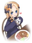  1girl :d abigail_williams_(fate/grand_order) bangs black_bow black_dress blonde_hair blue_eyes blush bow chair commentary_request dress eyebrows_visible_through_hair fate/grand_order fate_(series) food forehead fork hair_bow heart holding holding_fork holding_knife knife long_hair long_sleeves looking_at_viewer no_hat no_headwear open_mouth orange_bow parted_bangs plate polka_dot polka_dot_bow shirasu_youichi sleeves_past_fingers sleeves_past_wrists smile solo table upper_teeth very_long_hair white_background 