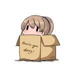  1girl blue_eyes box cardboard_box dated english hatsuzuki_527 in_box in_container intrepid_(kantai_collection) kantai_collection ponytail short_hair simple_background solid_oval_eyes solo twitter_username white_background 