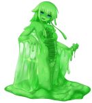 1girl :d blue_eyes eyebrows_visible_through_hair full_body goo_girl green_hair green_sclera green_skin looking_at_viewer melting monster_girl nude open_mouth original rethnick shaded_face simple_background smile solo tentacle_hair wet white_background 