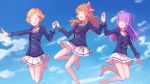  3girls :d ^_^ aikatsu! bangs barefoot blue_jacket blue_ribbon blue_sky blush braid brown_hair closed_eyes clouds crown_braid day eyebrows_visible_through_hair facing_viewer hair_ornament hair_ribbon hands_together highres hikami_sumire jacket jumping light_brown_hair long_hair long_sleeves makiaato multiple_girls oozora_akari open_mouth outdoors pink_ribbon pleated_skirt ribbon school_uniform shinjou_hinaki shirt skirt sky smile star star_hair_ornament starlight_academy_uniform very_long_hair violet_eyes white_shirt white_skirt 