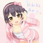  1girl akiiro bending_forward black_hair blush bow brown_eyes character_name collarbone eyebrows_visible_through_hair hairband hibiki_ao highres long_sleeves looking_at_viewer open_mouth pink_bow short_hair smile solo virtual_youtuber 