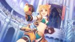  1girl animal_ears arena bikini blonde_hair cat_ears crowd cygames earrings fur_trim gloves hair_ornament hairclip hirosaki_hiyori jewelry official_art princess_connect! short_hair swimsuit tail yellow_eyes 