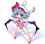  1girl animal_ears bat_wings blue_hair bunny_girl bunny_tail bunnysuit detached_collar fang flat_chest full_body gloves hands_on_hips hat hat_ribbon highres ifelt_(tamaki_zutama) looking_at_viewer mob_cap open_mouth rabbit_ears red_eyes red_footwear red_ribbon remilia_scarlet ribbon shoes simple_background smile solo standing tail touhou wavy_hair white_background white_gloves white_hat wings 
