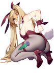  1girl animal_ears ass bare_shoulders blonde_hair breasts bunny_tail bunnysuit clenched_teeth daye_bie_qia_lian green_eyes high_heels highres large_breasts leotard leotard_pull long_hair rabbit_ears romantic_saga_of_beauty_&amp;_devil sideboob simple_background solo tail teeth thigh_strap twintails white_background 