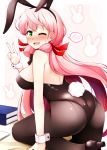  1girl ;d akashi_(kantai_collection) alternate_costume animal_ears ass back-seamed_legwear bangs black_legwear black_leotard blush book book_stack breasts bunny_background bunny_tail bunnysuit embarrassed eyebrows_visible_through_hair fake_animal_ears fake_tail from_side green_eyes hair_ribbon hairband high_heels kantai_collection lace large_breasts leaning_forward leg_up leotard long_hair looking_at_viewer looking_to_the_side nose_blush one_eye_closed open_mouth pantyhose pink_background pink_hair rabbit_ears raised_eyebrows red_ribbon ribbon rui_shi_(rayze_ray) seamed_legwear shiny shiny_clothes shoes sideboob smile solo speech_bubble spoken_blush standing standing_on_one_leg tail tress_ribbon v very_long_hair wrist_cuffs 