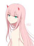  1girl blush breasts closed_mouth darling_in_the_franxx eyebrows_visible_through_hair green_eyes horns long_hair looking_at_viewer medium_breasts nude pink_hair seungju_lee smile solo upper_body zero_two_(darling_in_the_franxx) 