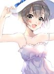  1girl :d armpits arms_up bangs blue_ribbon breasts brown_hair collarbone dress eyebrows_visible_through_hair frilled_dress frills green_eyes hand_on_headwear hat hat_ribbon highres idolmaster idolmaster_cinderella_girls looking_at_viewer medium_breasts open_mouth otokura_yuuki ribbon satoimo_chika shiny shiny_hair short_hair simple_background sleeveless sleeveless_dress smile solo sun_hat sundress sweat tareme upper_body white_background white_dress 