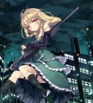  1girl black_bullet blonde_hair blush clouds cloudy_sky detached_sleeves dress frilled_dress frills gun hair_ornament highres holding holding_gun holding_weapon layered_dress long_hair looking_at_viewer night normaland psg-1 red_eyes rifle sky sleeveless sleeveless_dress sniper_rifle solo standing tina_sprout weapon 