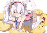  1girl :o all_fours animal_ears azur_lane bangs bare_arms bare_shoulders blue_bow blush bow breasts bunnysuit commentary_request detached_collar eyebrows_visible_through_hair fake_animal_ears fingernails fishnet_pantyhose fishnets gochou_(atemonai_heya) hair_between_eyes hair_ornament hairband high_heels laffey_(azur_lane) leotard long_hair looking_at_viewer necktie pantyhose parted_lips pink_leotard purple_neckwear rabbit_ears red_eyes red_footwear red_hairband silver_hair small_breasts solo strapless strapless_leotard stuffed_animal stuffed_bird stuffed_toy thigh-highs thighhighs_over_pantyhose twintails very_long_hair white_background white_collar white_legwear wrist_cuffs 